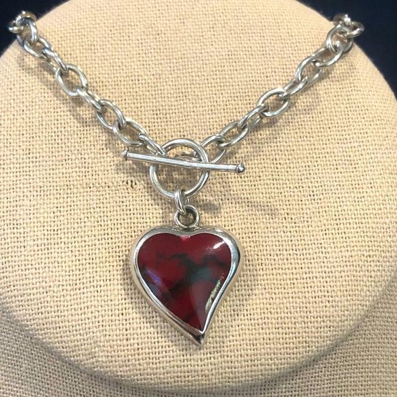 TAXCO Sterling Silver Red Jasper Heart Charm Rolo Bracelet - Picture 1 of 5
